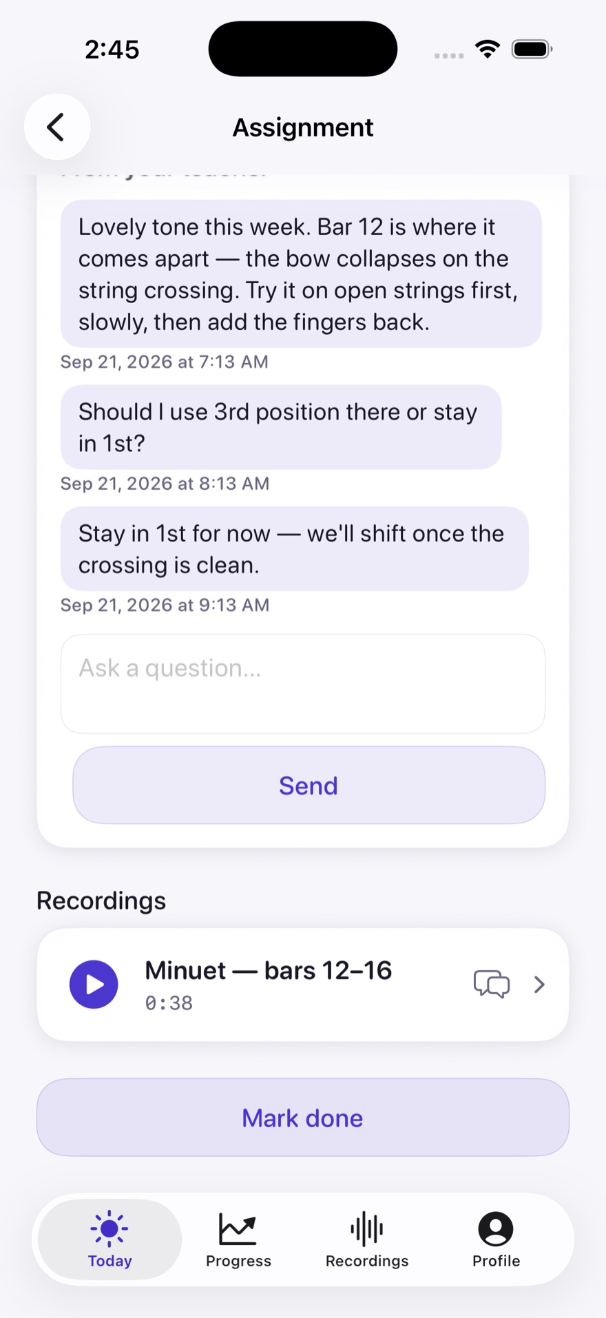 Actual assignment screenshot, cropped to the Recordings section showing the shared Minuet take, bars 12 to 16, duration 38 seconds.