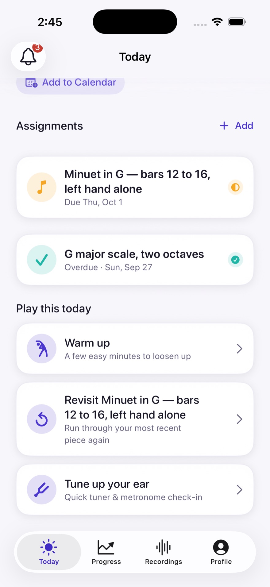 Actual Prova Today assignments: Minuet in G, bars 12 to 16, left hand alone; a completed G major scale; and ways to warm up or revisit the piece.